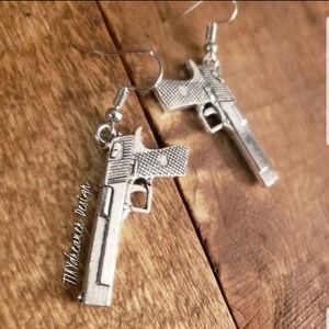 Silver Hand Gun Earrings Military earring~Pistol~Revolver~9mm~Glock~Ruger~Bullet